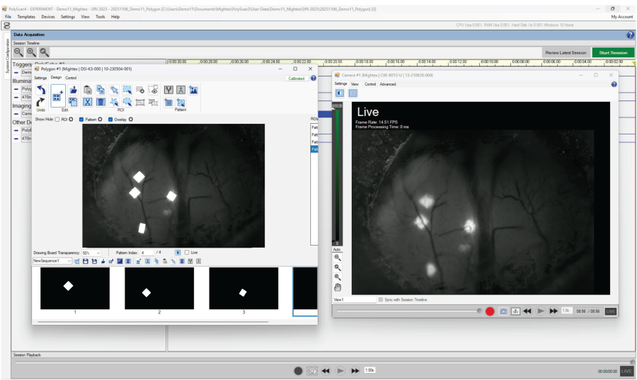 The DMD pattern illuminator is controlled through Mightex's PolyScan software, which provides comprehensive control of the Polygon1000, light sources, and cameras within a unified interface